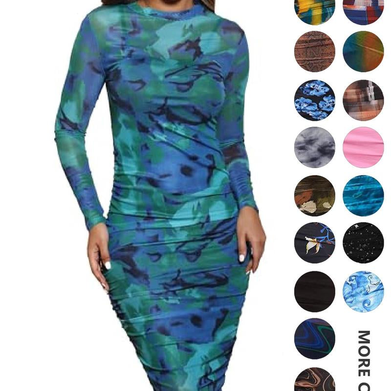 MOEENCN Sexy Long Sleeve Midi Dress for Women Sheer Mesh Printed Two Piece Skirt Set Crew Neck See through Bodycon Party