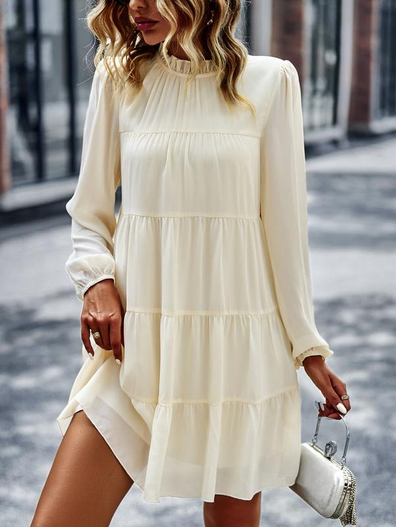 Women'S Long Sleeve Ruffle Mock Neck Tiered Mini Babydoll Dress Casual Swing Tunic Shift Dresses Chiffon Cute