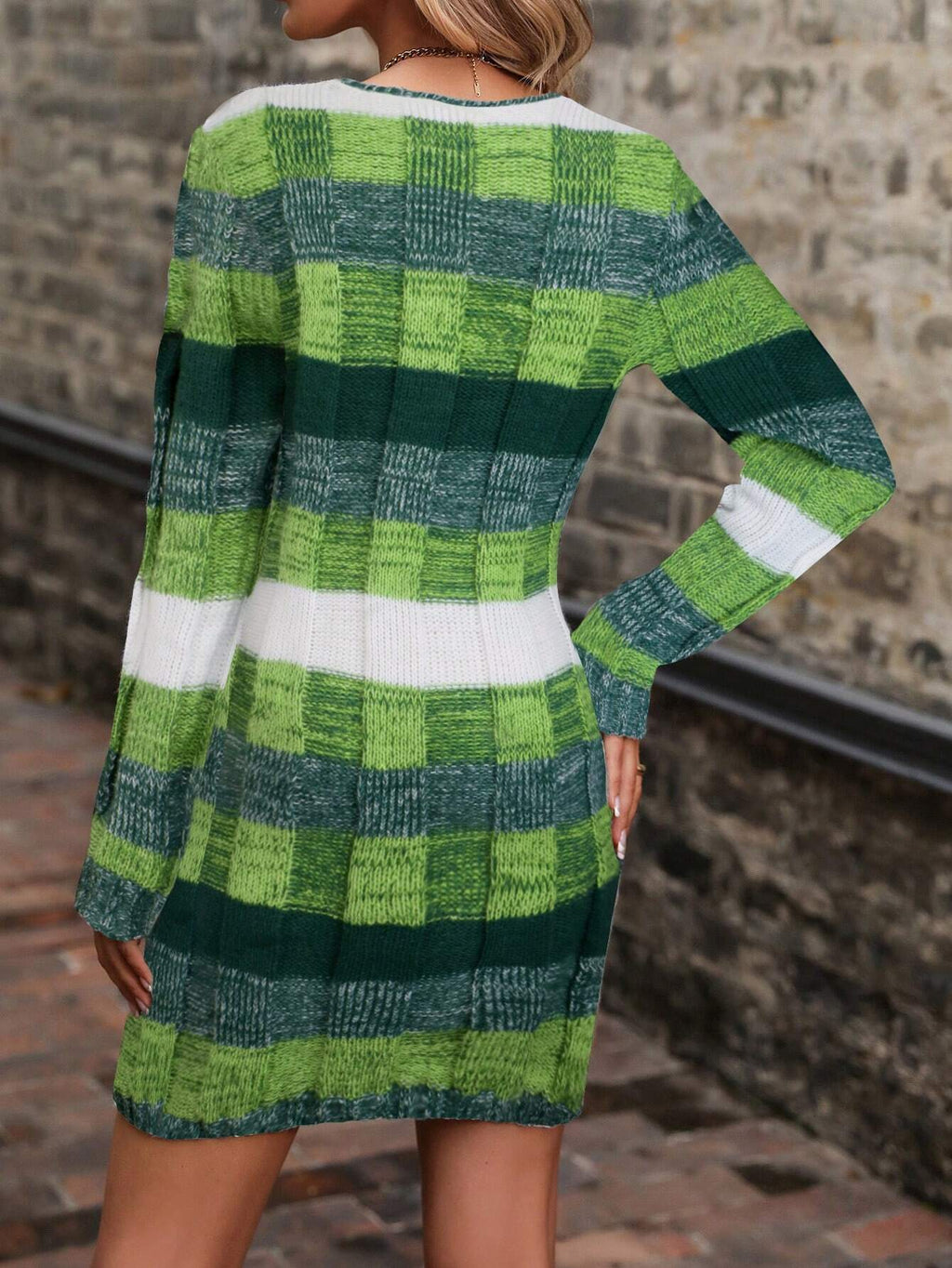 LUNE Color-Block Pattern Dual Pocket Sweater Dress