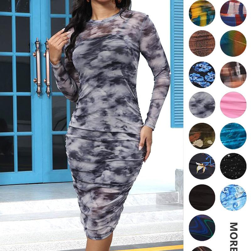 MOEENCN Sexy Long Sleeve Midi Dress for Women Sheer Mesh Printed Two Piece Skirt Set Crew Neck See through Bodycon Party
