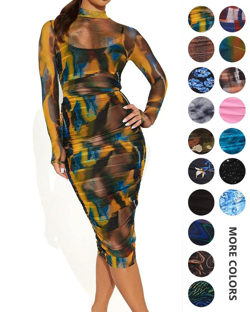 MOEENCN Sexy Long Sleeve Midi Dress for Women Sheer Mesh Printed Two Piece Skirt Set Crew Neck See through Bodycon Party