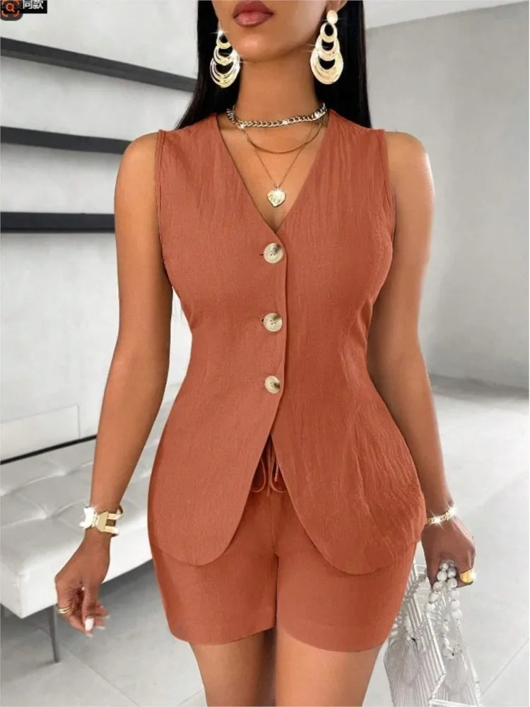 Women’s 2 Piece Summer Outfit – Casual Button Top & Shorts Set | Elegant Solid Color Fashion Suit 2025