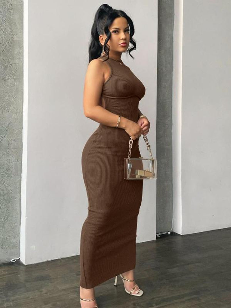 Women'S Plain Criss Cross Backless Split Hem Sleeveless Ribbed Bodycon Dress, Birthday Dresses 2024, Dresses for Women, Summer Dresses 2024, Casual round Neck Long Tank Dress, Women'S Clothes