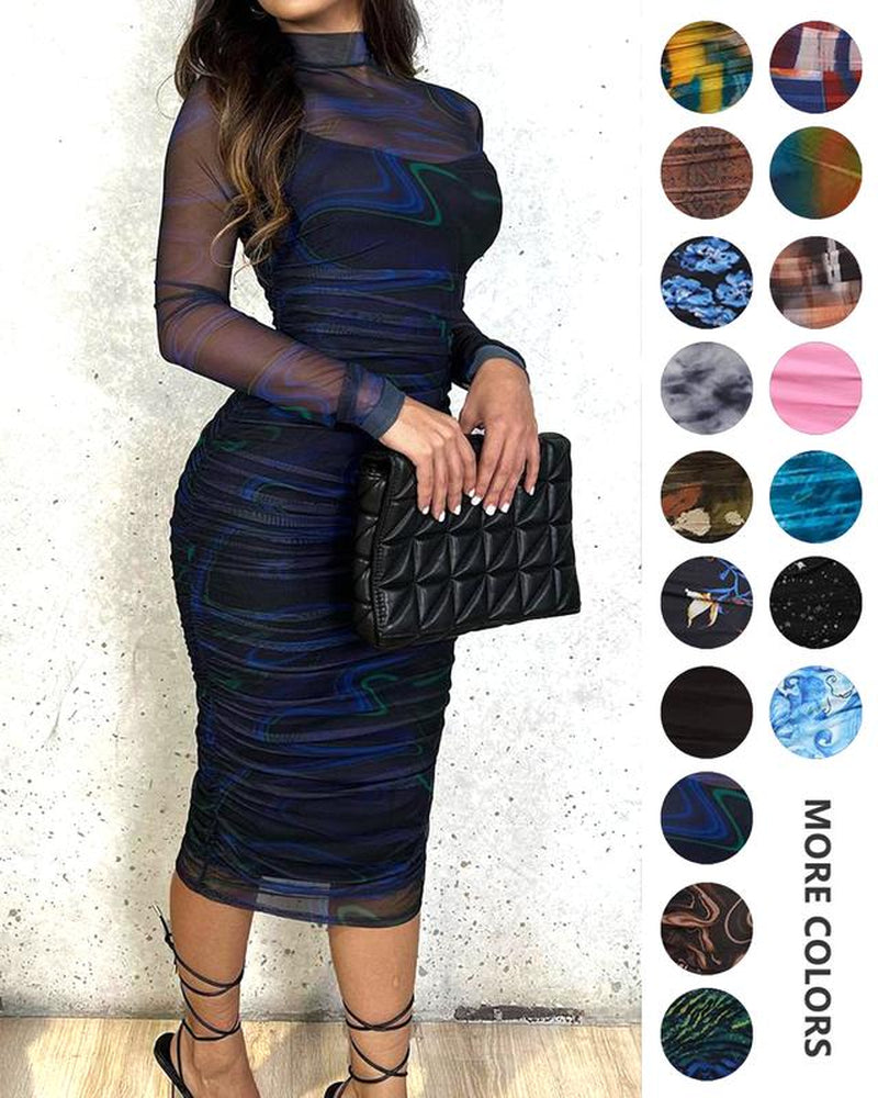 MOEENCN Sexy Long Sleeve Midi Dress for Women Sheer Mesh Printed Two Piece Skirt Set Crew Neck See through Bodycon Party