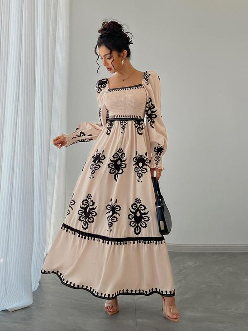 Women'S All over Print Shirred Bishop Sleeve a Line Dress, Longsleeves Dress for Fall & Winter, Women'S Clothing for Vacation Holiday, Dresses for Women, Womenswear, Classy Modest Dresses, Casual Dresses