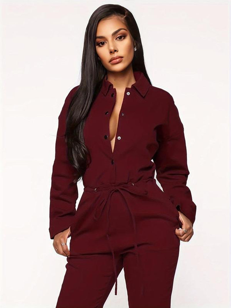 Women'S Solid Button Front Drawstring Jumpsuit, Casual Drop Shoulder Jumpsuit for Work Office Business, Ladies' Spring & Fall Clothes