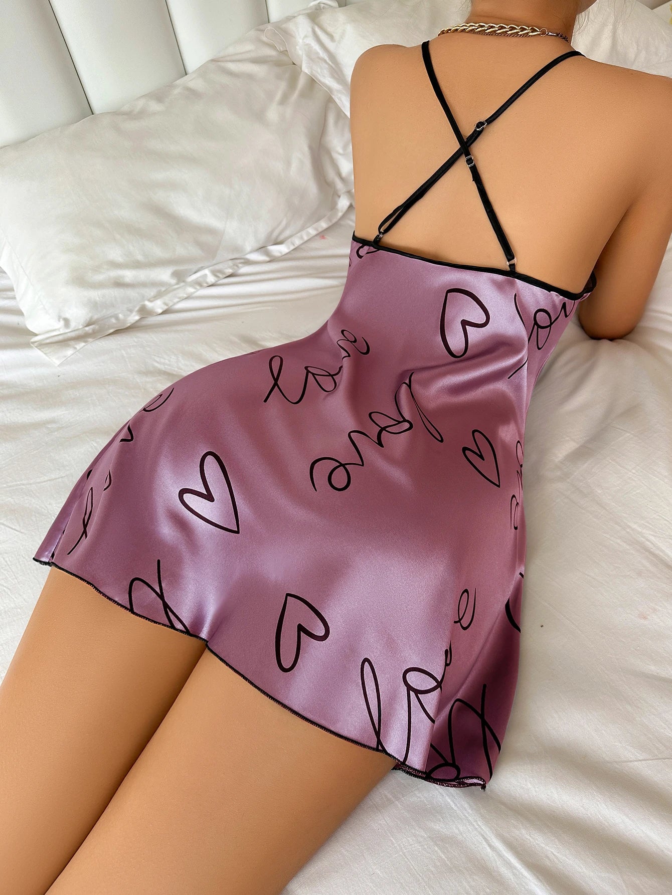 Heart Letter Print Nightdress Casual round Neck Spaghetti Strap Sleep Dress Women'S Sleepwear Dresses