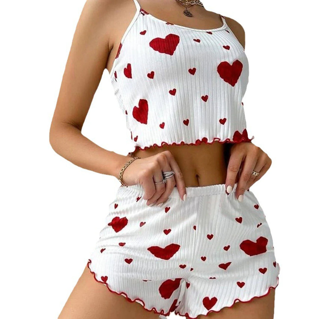 Women’s 2PCS Heart Print Pajama Set, Sleeveless Crop Top and Shorts, Soft Comfy Sleepwear Loungewear for Summer Nightwear