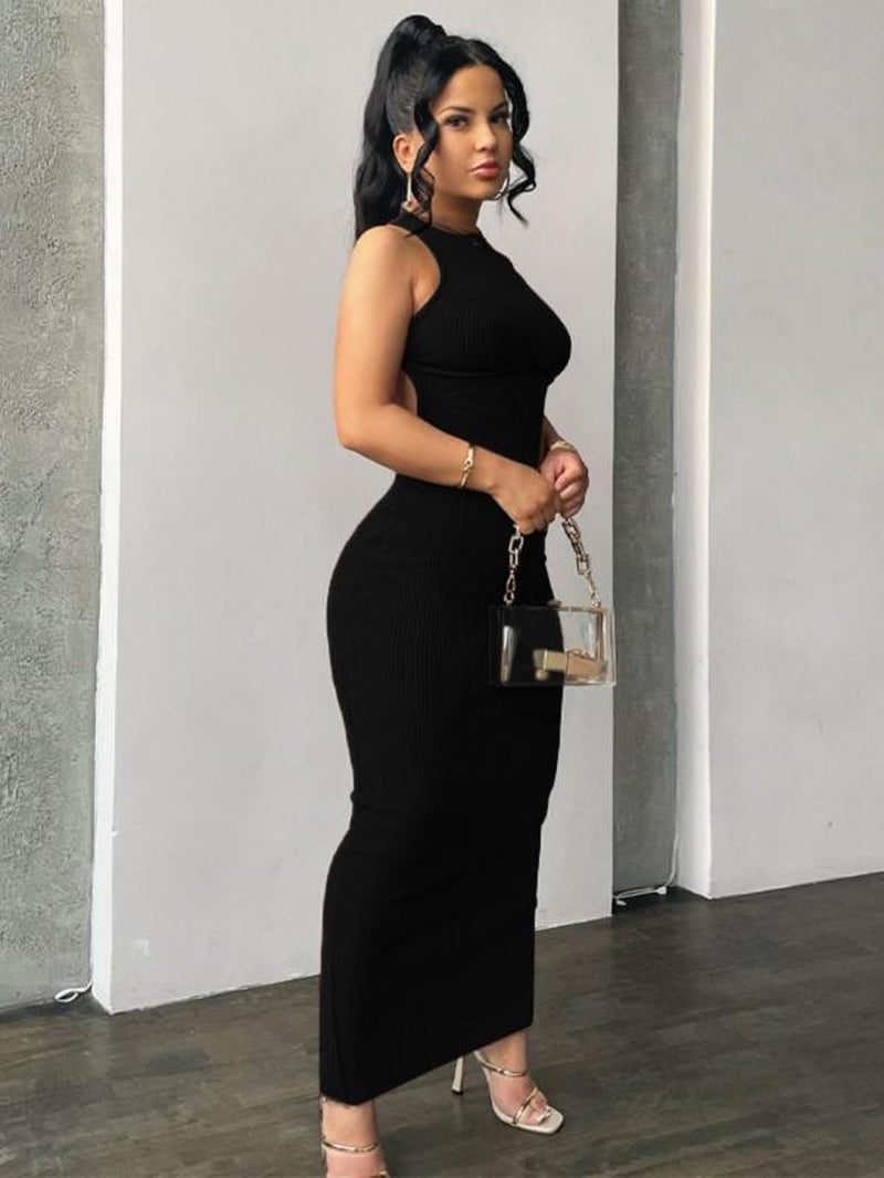 Women'S Plain Criss Cross Backless Split Hem Sleeveless Ribbed Bodycon Dress, Birthday Dresses 2024, Dresses for Women, Summer Dresses 2024, Casual round Neck Long Tank Dress, Women'S Clothes