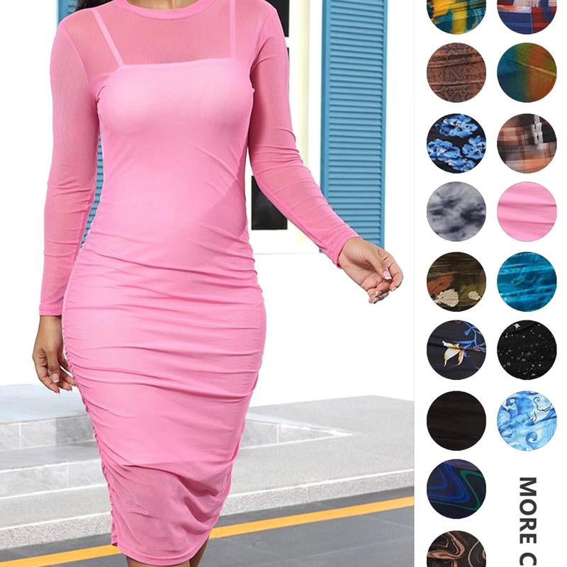 MOEENCN Sexy Long Sleeve Midi Dress for Women Sheer Mesh Printed Two Piece Skirt Set Crew Neck See through Bodycon Party