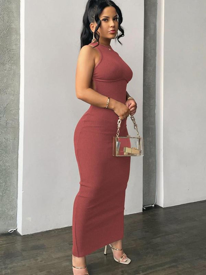 Women'S Plain Criss Cross Backless Split Hem Sleeveless Ribbed Bodycon Dress, Birthday Dresses 2024, Dresses for Women, Summer Dresses 2024, Casual round Neck Long Tank Dress, Women'S Clothes