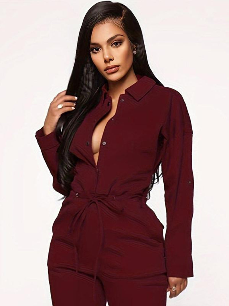 Women'S Solid Button Front Drawstring Jumpsuit, Casual Drop Shoulder Jumpsuit for Work Office Business, Ladies' Spring & Fall Clothes
