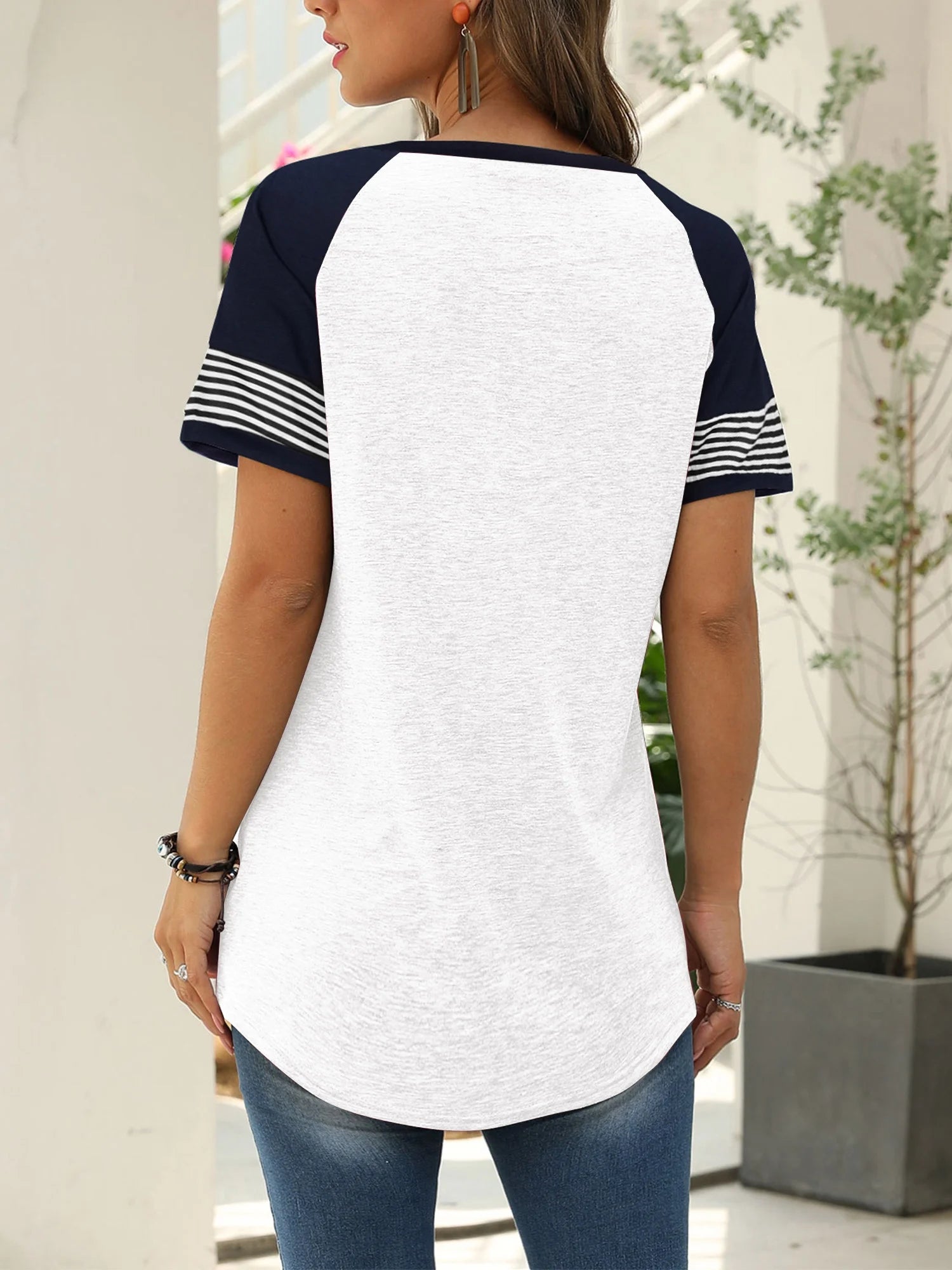 Summer Short Sleeve Tops for Women Color Block Casual Tunic Crew Neck Cute Striped T Shirts White Tees