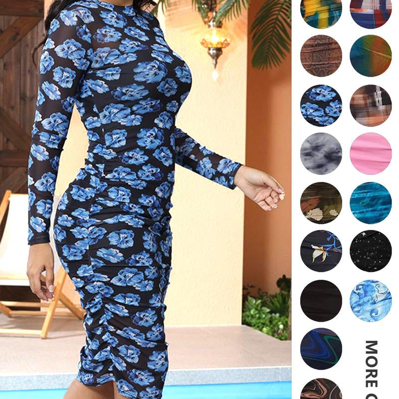 MOEENCN Sexy Long Sleeve Midi Dress for Women Sheer Mesh Printed Two Piece Skirt Set Crew Neck See through Bodycon Party