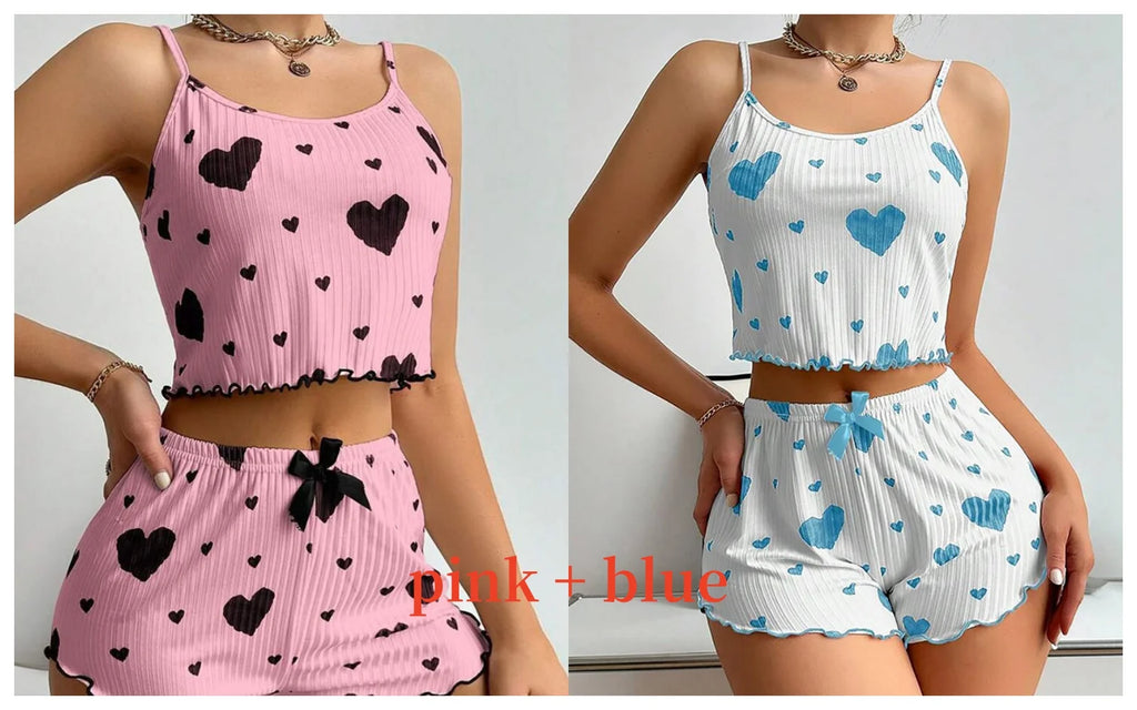 Women’s 2PCS Heart Print Pajama Set, Sleeveless Crop Top and Shorts, Soft Comfy Sleepwear Loungewear for Summer Nightwear