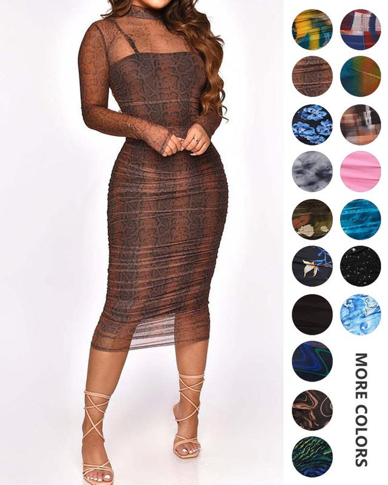 MOEENCN Sexy Long Sleeve Midi Dress for Women Sheer Mesh Printed Two Piece Skirt Set Crew Neck See through Bodycon Party
