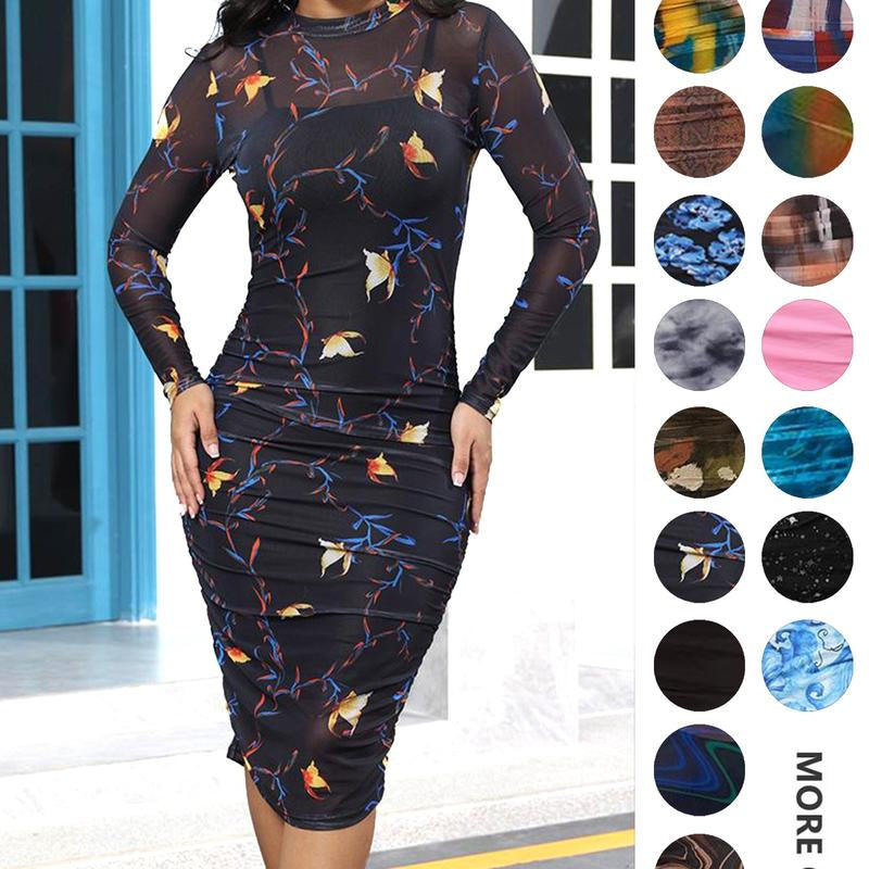 MOEENCN Sexy Long Sleeve Midi Dress for Women Sheer Mesh Printed Two Piece Skirt Set Crew Neck See through Bodycon Party