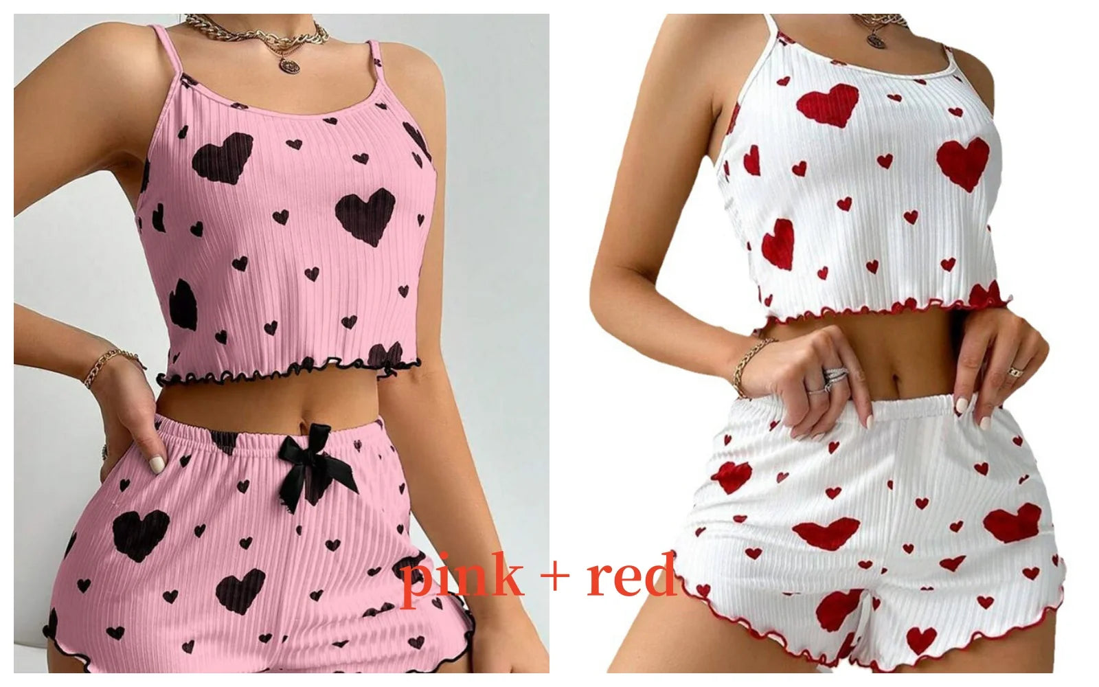 Women’s 2PCS Heart Print Pajama Set, Sleeveless Crop Top and Shorts, Soft Comfy Sleepwear Loungewear for Summer Nightwear