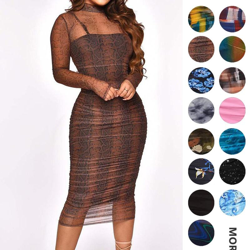 MOEENCN Sexy Long Sleeve Midi Dress for Women Sheer Mesh Printed Two Piece Skirt Set Crew Neck See through Bodycon Party