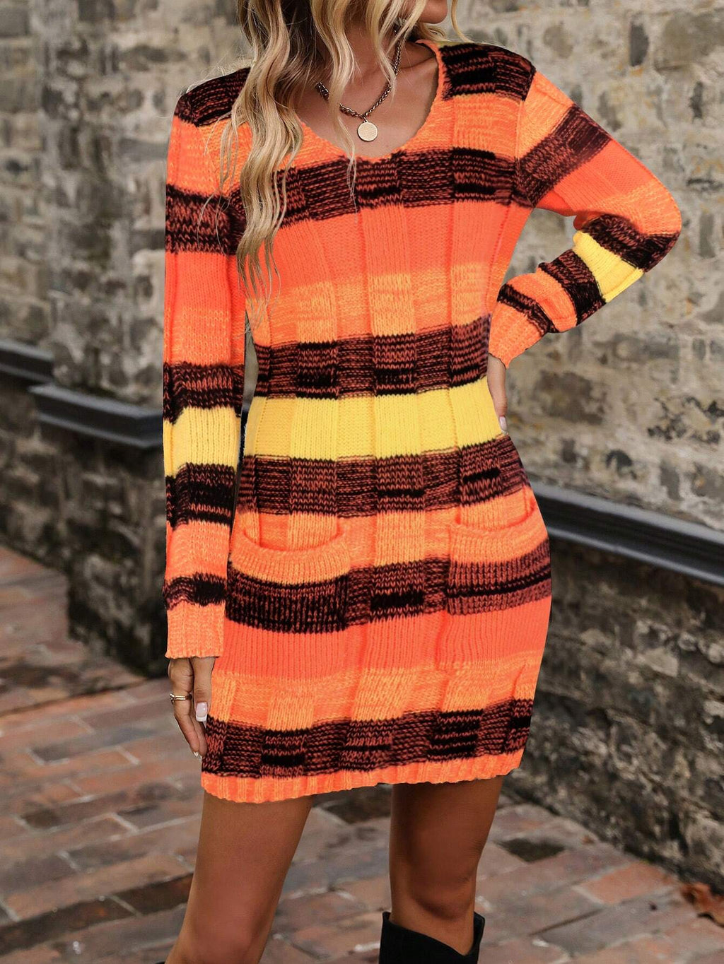 LUNE Color-Block Pattern Dual Pocket Sweater Dress