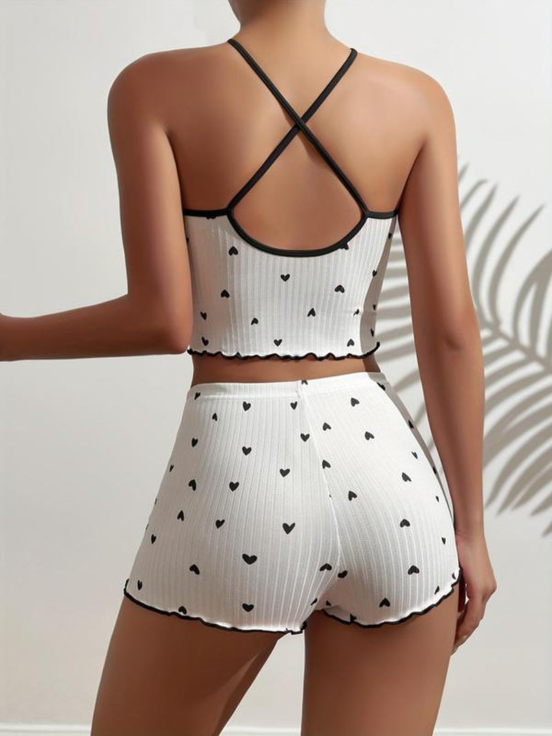 Two-Piece Set Women'S Heart Print Bow Decor Cami Top & Lettuce Trim Shorts Pyjama Set, Comfy Criss Cross Camisole & Shorts PJ Set, Summer Wear 2024, Valentine'S Day Gift, Women'S Sleepwear
