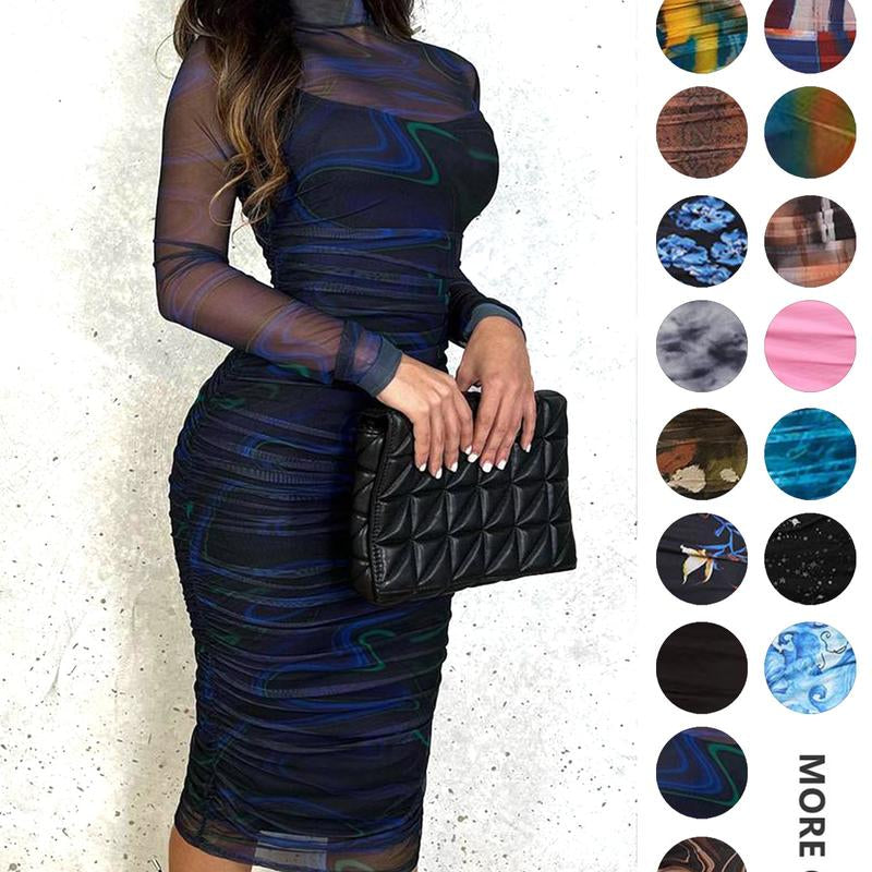 MOEENCN Sexy Long Sleeve Midi Dress for Women Sheer Mesh Printed Two Piece Skirt Set Crew Neck See through Bodycon Party