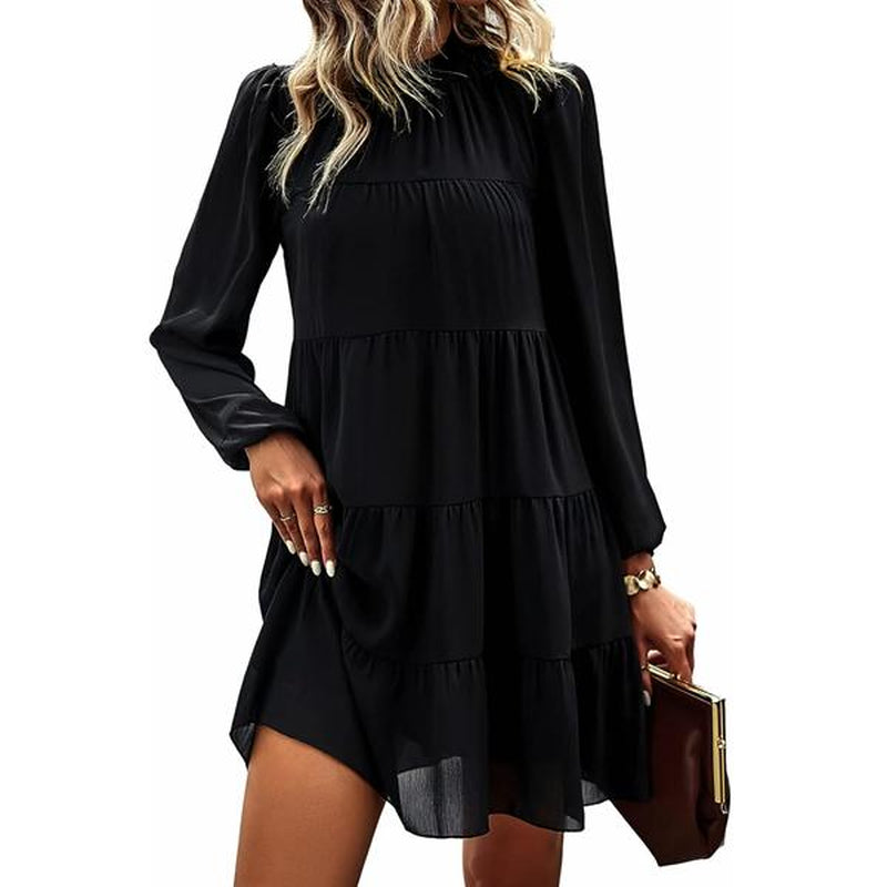 Women'S Long Sleeve Ruffle Mock Neck Tiered Mini Babydoll Dress Casual Swing Tunic Shift Dresses Chiffon Cute