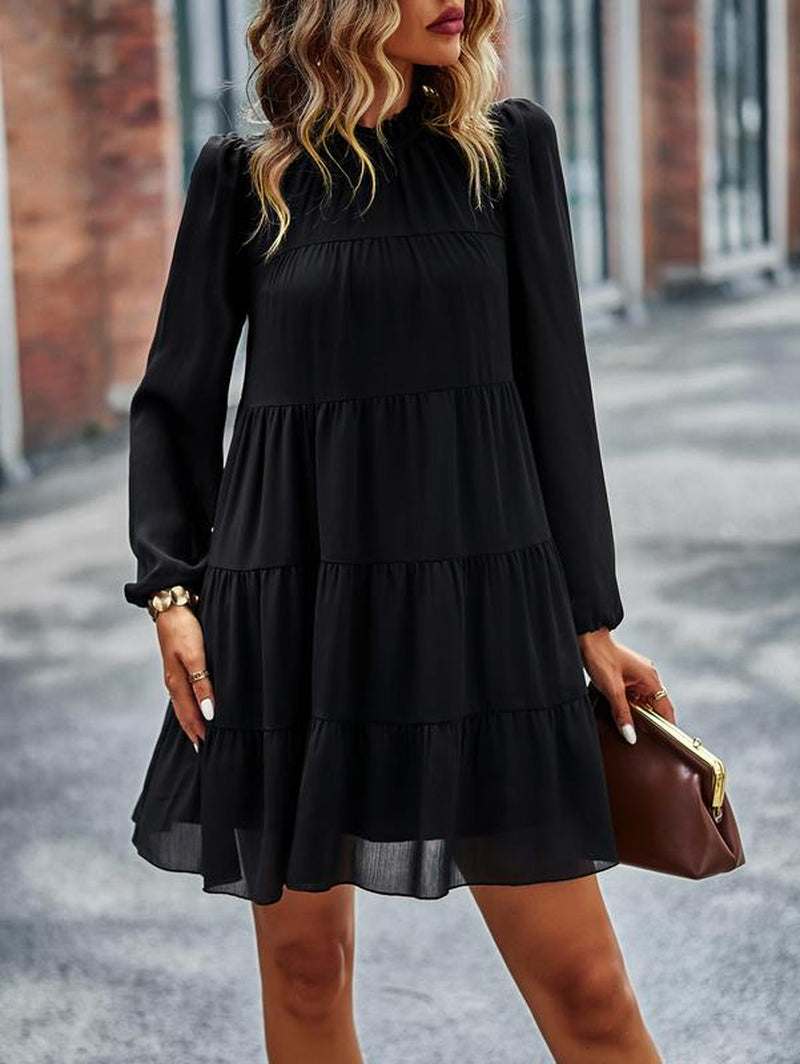 Women'S Long Sleeve Ruffle Mock Neck Tiered Mini Babydoll Dress Casual Swing Tunic Shift Dresses Chiffon Cute