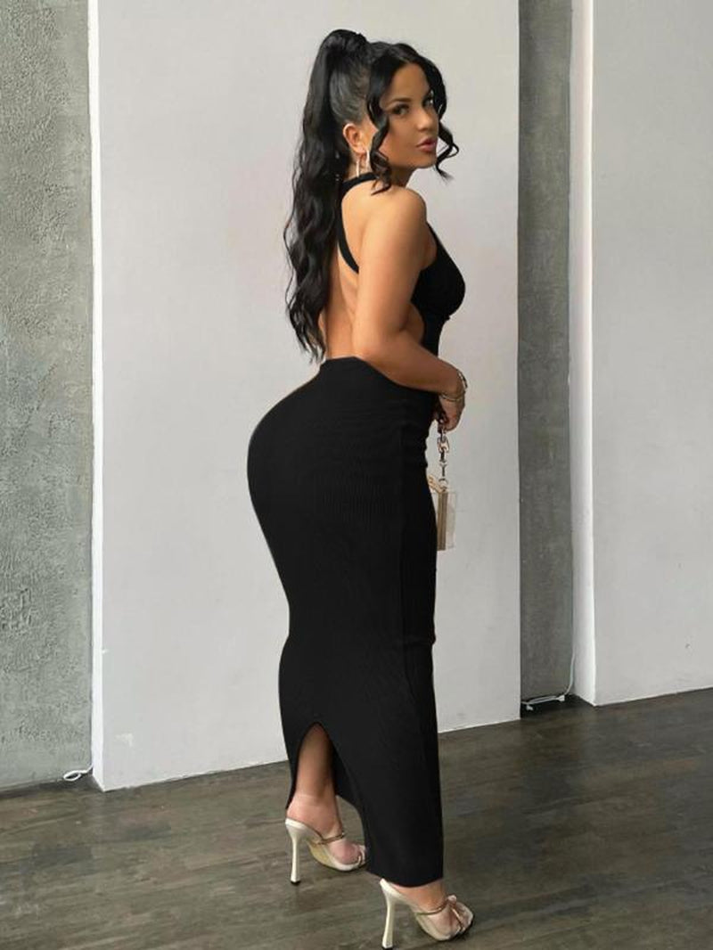 Women'S Plain Criss Cross Backless Split Hem Sleeveless Ribbed Bodycon Dress, Birthday Dresses 2024, Dresses for Women, Summer Dresses 2024, Casual round Neck Long Tank Dress, Women'S Clothes