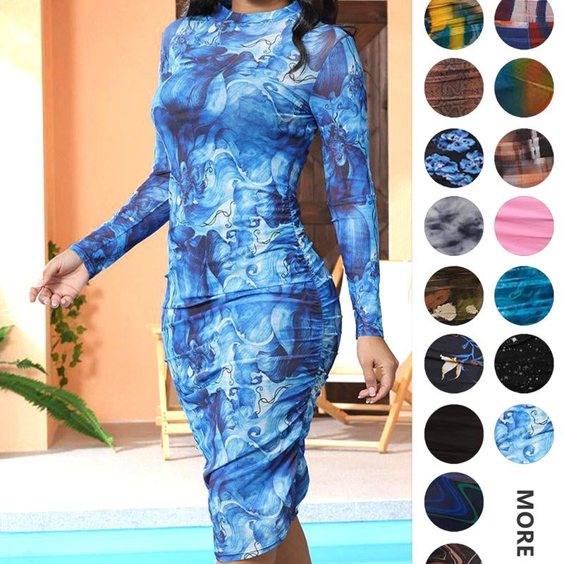 MOEENCN Sexy Long Sleeve Midi Dress for Women Sheer Mesh Printed Two Piece Skirt Set Crew Neck See through Bodycon Party