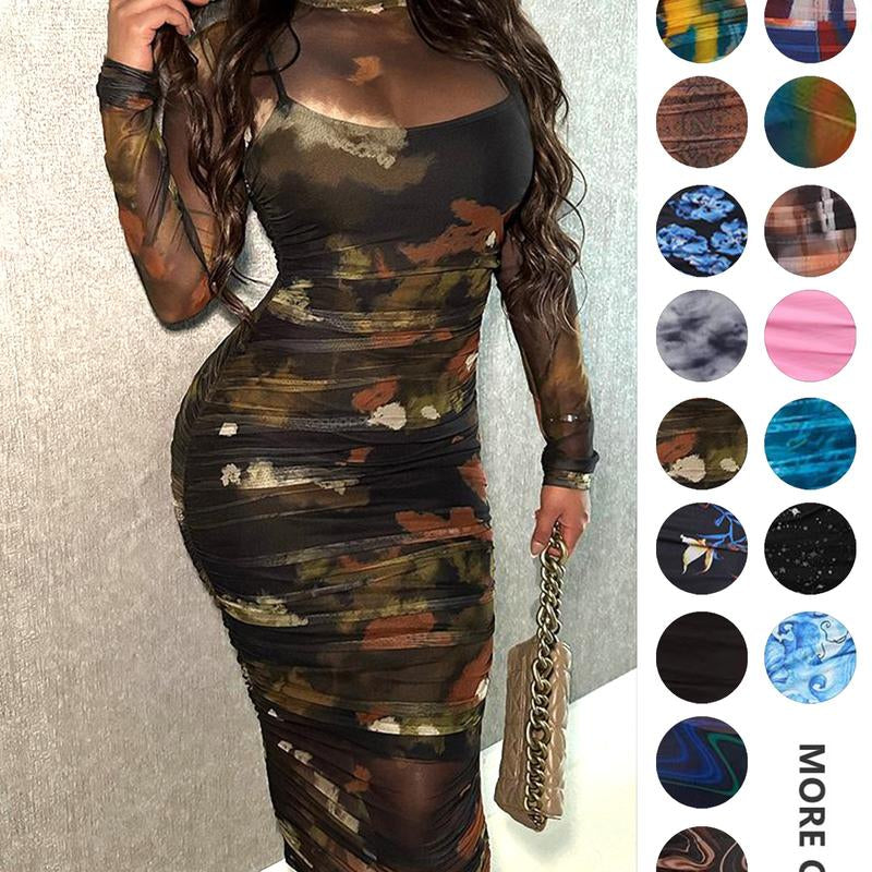 MOEENCN Sexy Long Sleeve Midi Dress for Women Sheer Mesh Printed Two Piece Skirt Set Crew Neck See through Bodycon Party