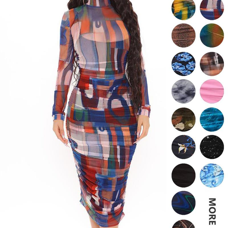 MOEENCN Sexy Long Sleeve Midi Dress for Women Sheer Mesh Printed Two Piece Skirt Set Crew Neck See through Bodycon Party