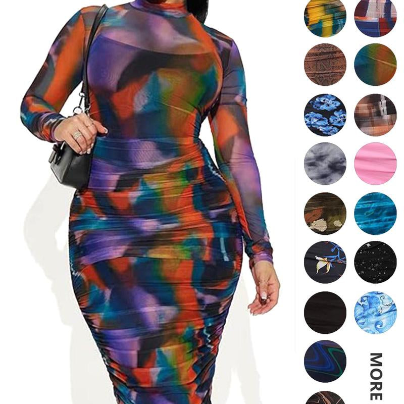 MOEENCN Sexy Long Sleeve Midi Dress for Women Sheer Mesh Printed Two Piece Skirt Set Crew Neck See through Bodycon Party