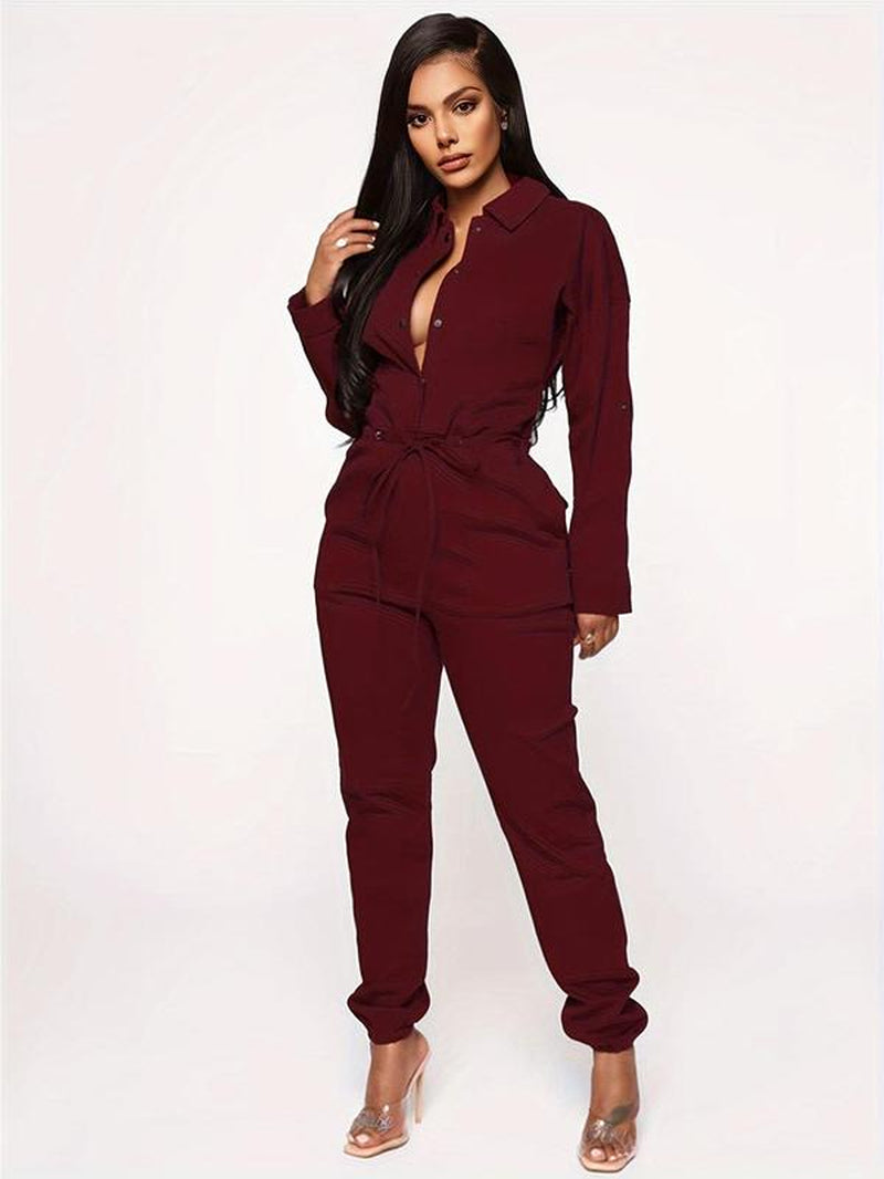 Women'S Solid Button Front Drawstring Jumpsuit, Casual Drop Shoulder Jumpsuit for Work Office Business, Ladies' Spring & Fall Clothes