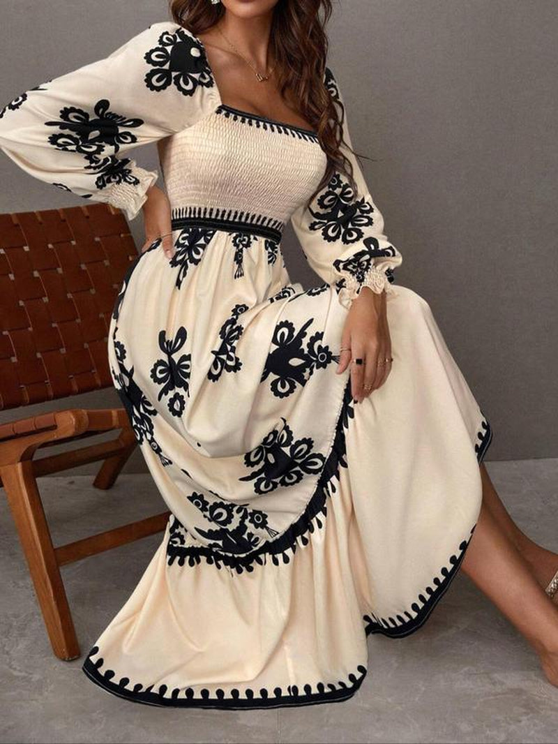 Women'S All over Print Shirred Bishop Sleeve a Line Dress, Longsleeves Dress for Fall & Winter, Women'S Clothing for Vacation Holiday, Dresses for Women, Womenswear, Classy Modest Dresses, Casual Dresses
