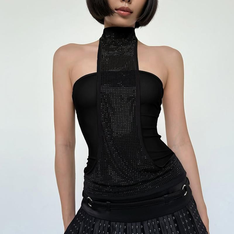 Solid Crystal Embellished Halter Tank Top Women'S Sexy Neck Tie Back Slim Bodycon Top for Summer Holiday Vacation Outfit Night Party Dating Short Tops