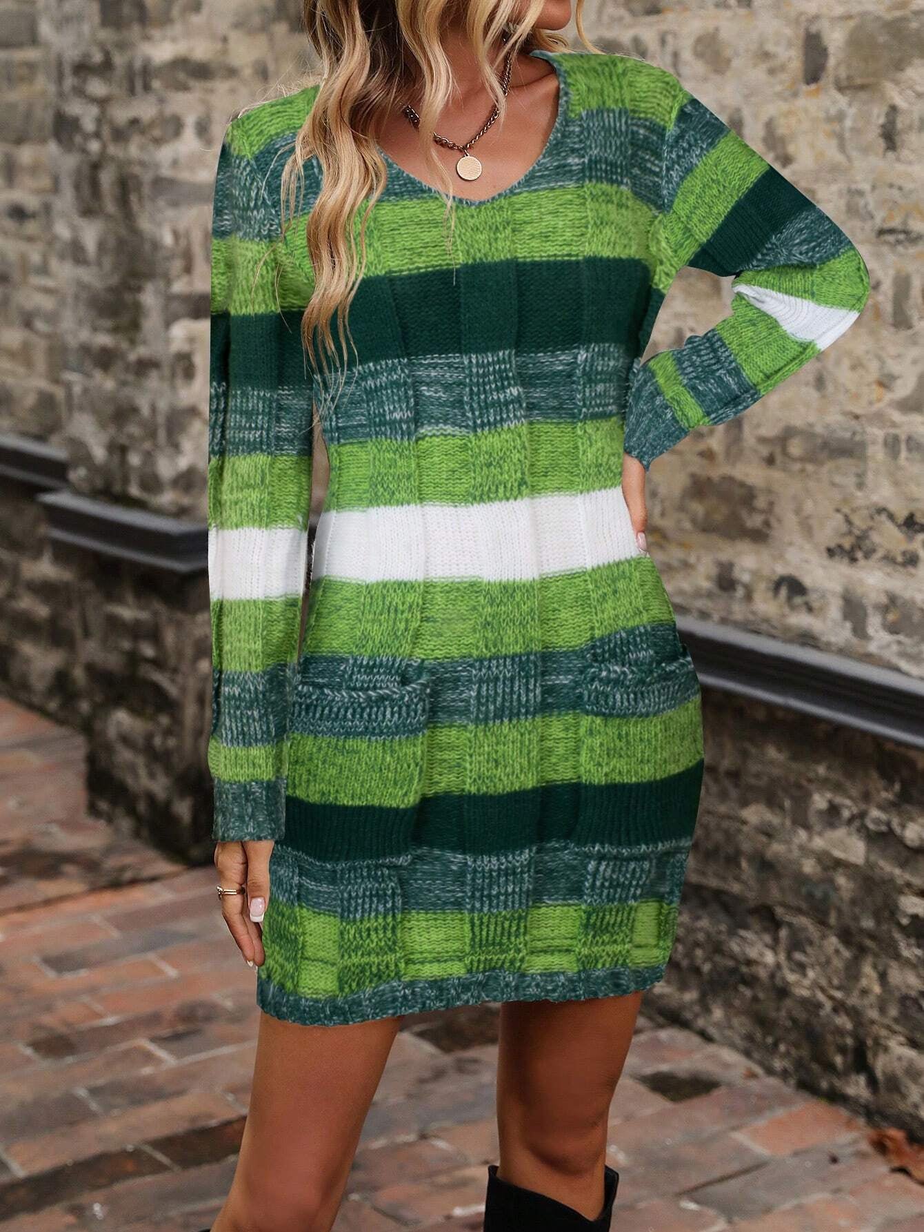 LUNE Color-Block Pattern Dual Pocket Sweater Dress