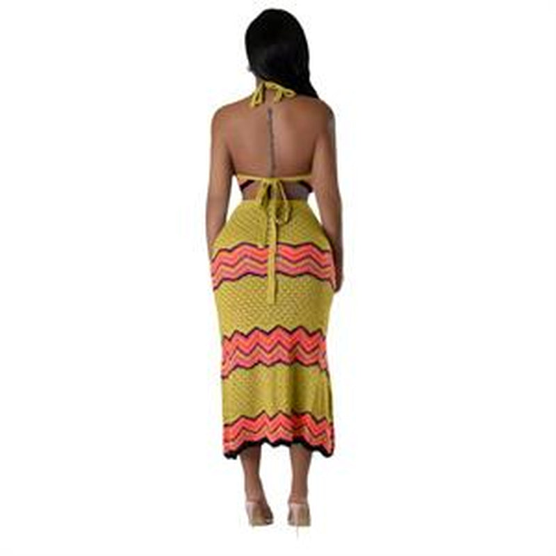 Women Two-Piece Skirt Set Fishing Net Knittin Hollow Out off Shoulder Beach Dresses Outfit Bodycon Maxi Dress Casual Short Sexy Two Piece
