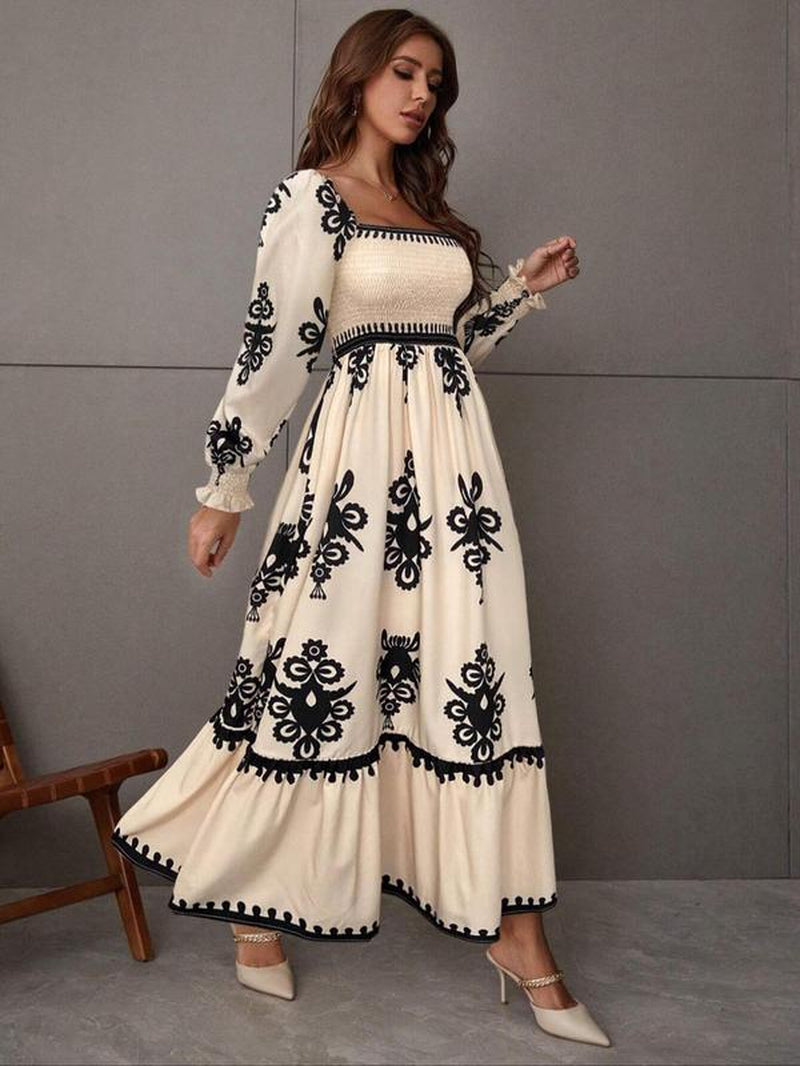 Women'S All over Print Shirred Bishop Sleeve a Line Dress, Longsleeves Dress for Fall & Winter, Women'S Clothing for Vacation Holiday, Dresses for Women, Womenswear, Classy Modest Dresses, Casual Dresses