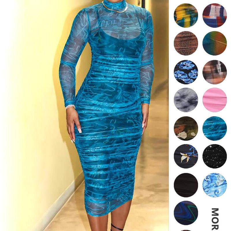 MOEENCN Sexy Long Sleeve Midi Dress for Women Sheer Mesh Printed Two Piece Skirt Set Crew Neck See through Bodycon Party