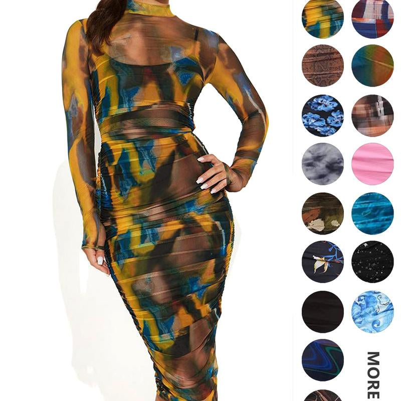 MOEENCN Sexy Long Sleeve Midi Dress for Women Sheer Mesh Printed Two Piece Skirt Set Crew Neck See through Bodycon Party