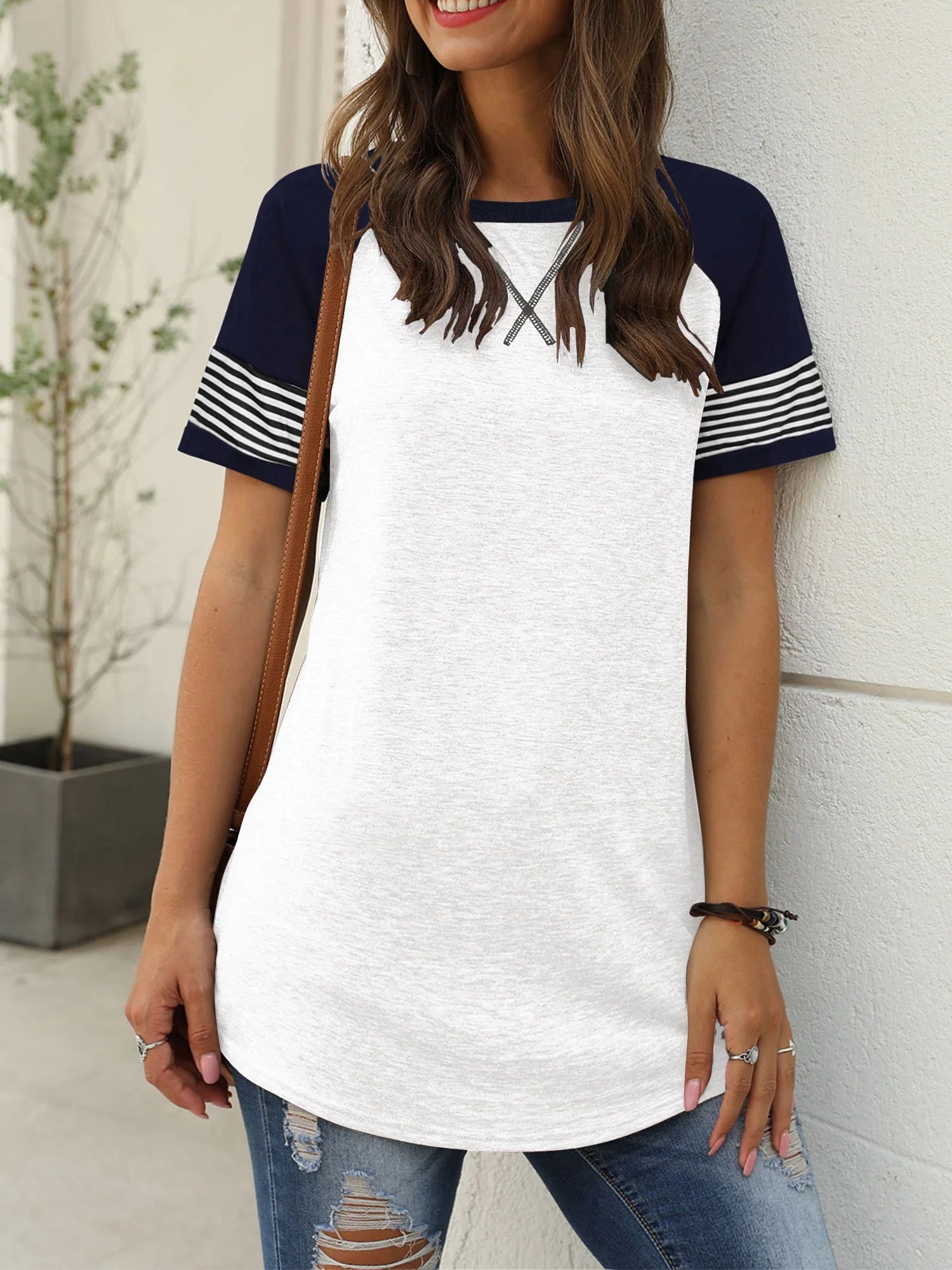 Summer Short Sleeve Tops for Women Color Block Casual Tunic Crew Neck Cute Striped T Shirts White Tees