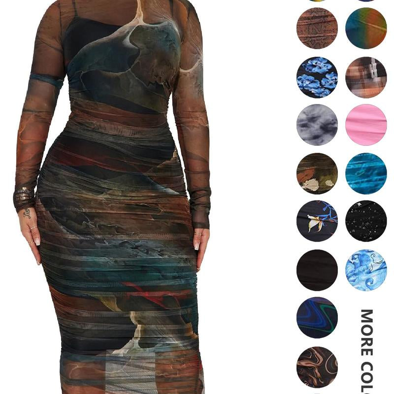 MOEENCN Sexy Long Sleeve Midi Dress for Women Sheer Mesh Printed Two Piece Skirt Set Crew Neck See through Bodycon Party