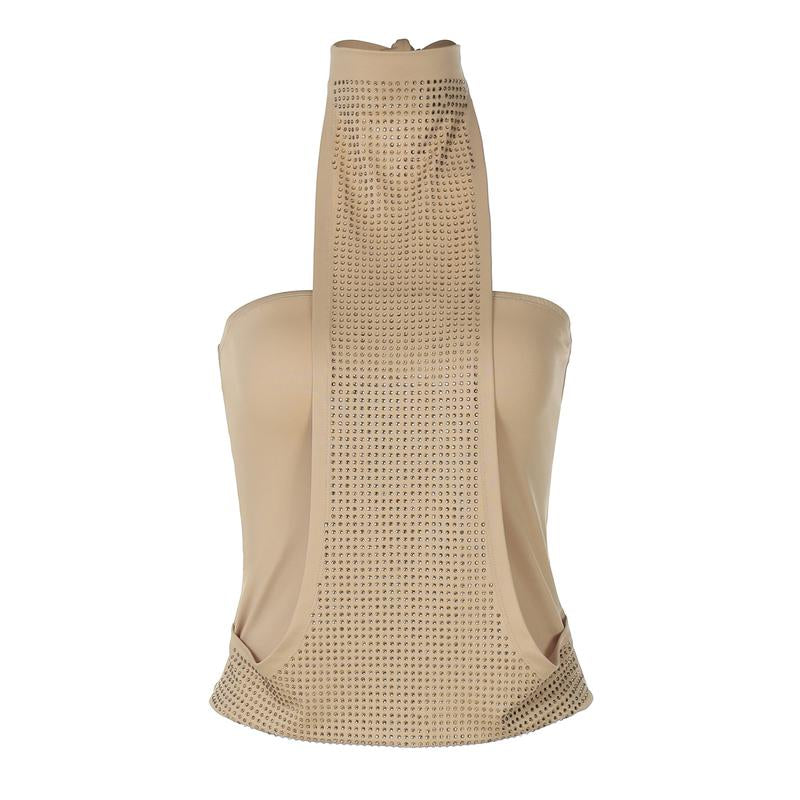 Solid Crystal Embellished Halter Tank Top Women'S Sexy Neck Tie Back Slim Bodycon Top for Summer Holiday Vacation Outfit Night Party Dating Short Tops