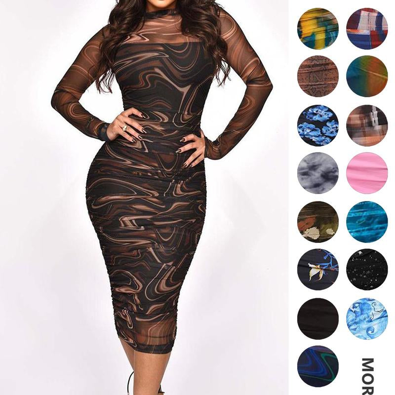 MOEENCN Sexy Long Sleeve Midi Dress for Women Sheer Mesh Printed Two Piece Skirt Set Crew Neck See through Bodycon Party