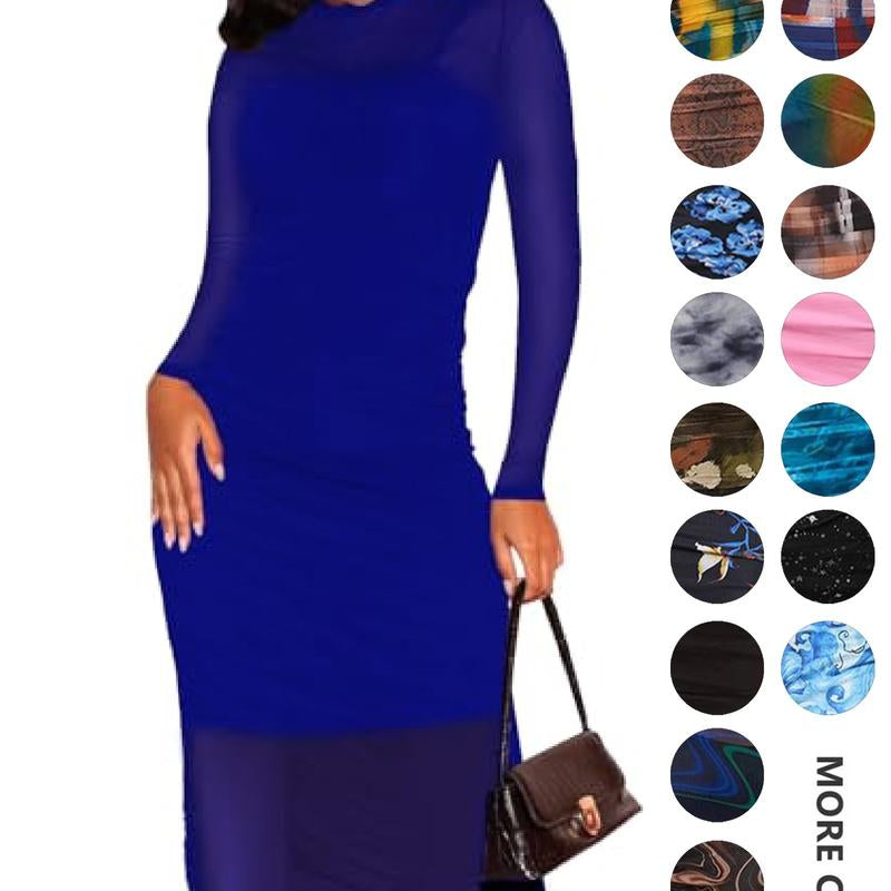 MOEENCN Sexy Long Sleeve Midi Dress for Women Sheer Mesh Printed Two Piece Skirt Set Crew Neck See through Bodycon Party