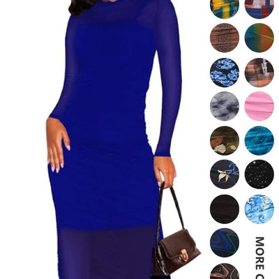 MOEENCN Sexy Long Sleeve Midi Dress for Women Sheer Mesh Printed Two Piece Skirt Set Crew Neck See through Bodycon Party
