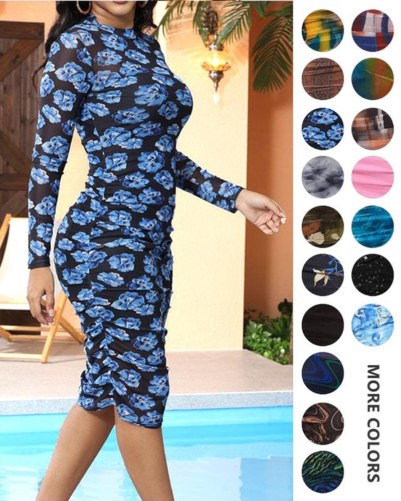 MOEENCN Sexy Long Sleeve Midi Dress for Women Sheer Mesh Printed Two Piece Skirt Set Crew Neck See through Bodycon Party