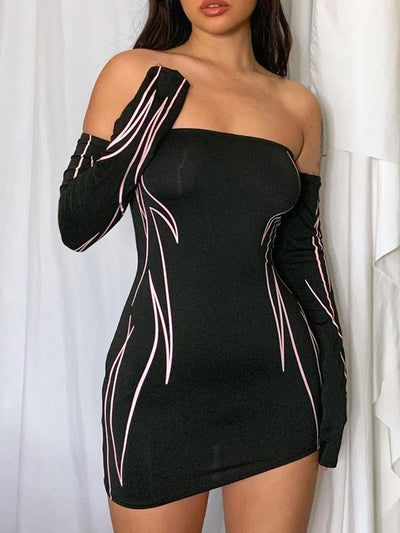 Women'S Stripes Print Asymmetrical Hem Mini Bodycon Dress, Fall Dresses for Women, Birthday Dresses 2024, Street Trendy off Shoulder Tight Sleeve Bodycon Dress, Fall Dresses, Downtown Girl Clothes Downtown Girl Clothes, Clothing
