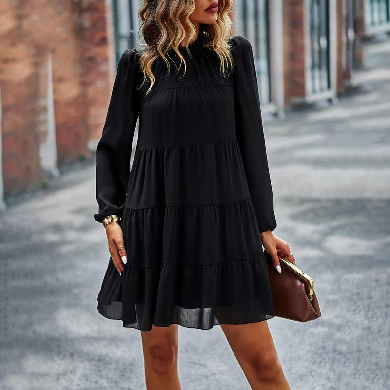 Women'S Long Sleeve Ruffle Mock Neck Tiered Mini Babydoll Dress Casual Swing Tunic Shift Dresses Chiffon Cute